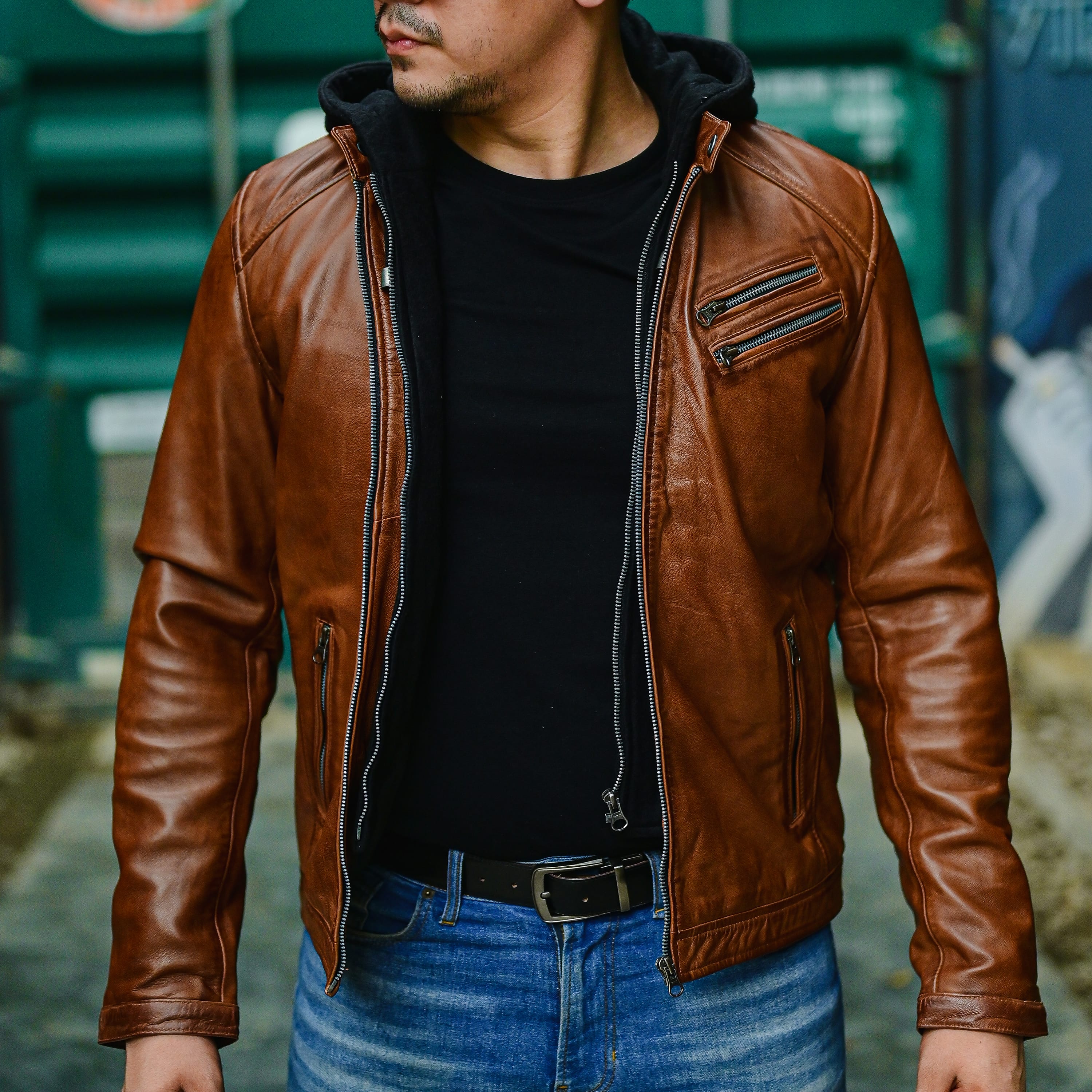 Mens Brown Casual Hooded Vintage Leather Jacket with Removable Hood